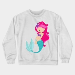 Cute Mermaid, Little Mermaid, Pink Hair, Star Crewneck Sweatshirt